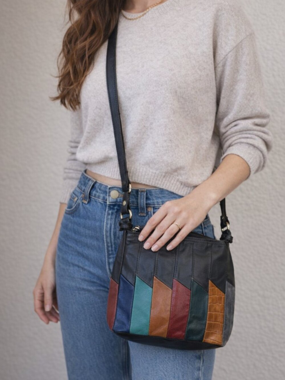 Vintage Black Multi-Color Leather Crossbody Bag
